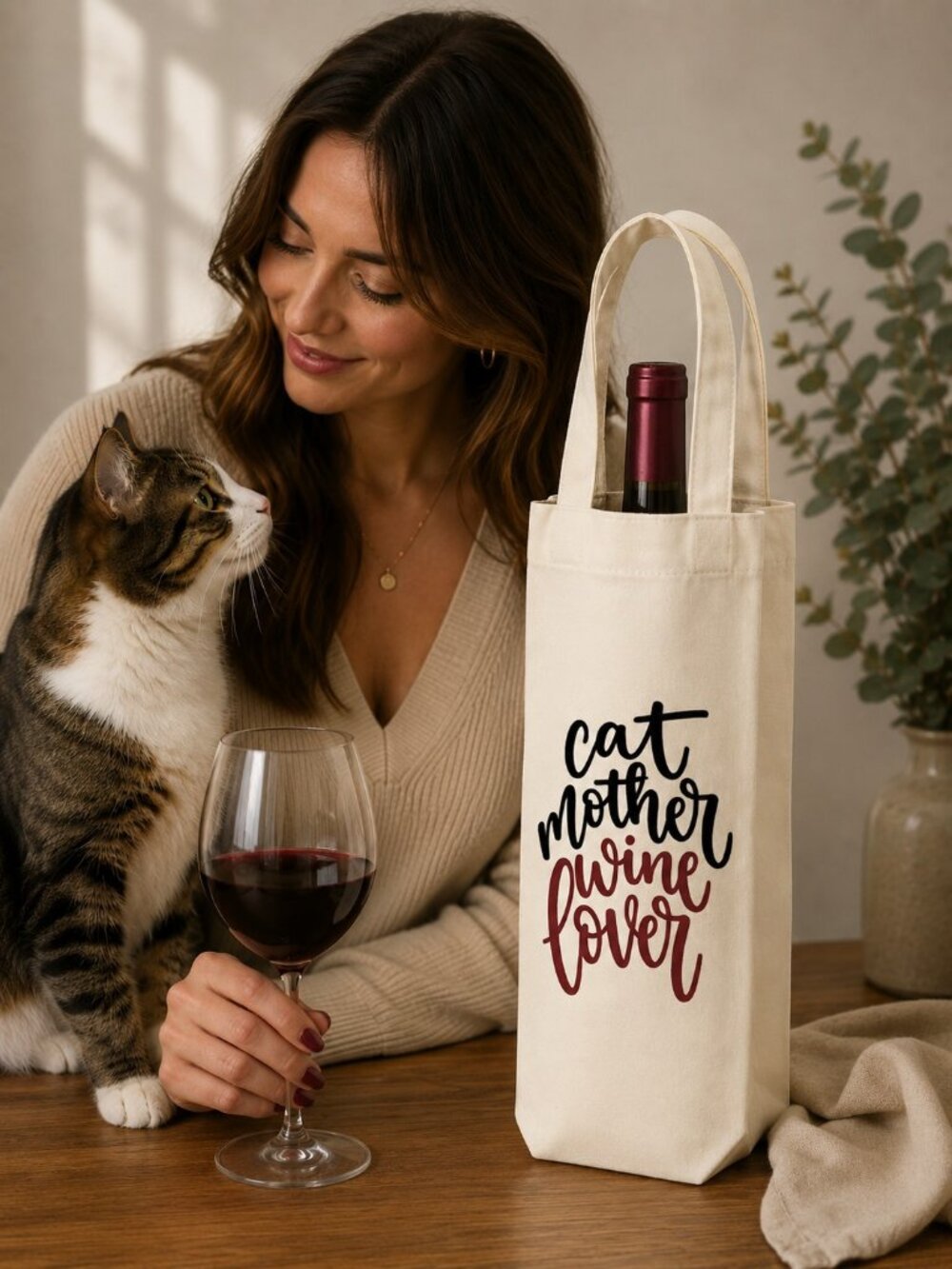 NWT Cat Mother Wine Lover Canvas Wine Bag | Funny Cat Mom Wine Tote Gift